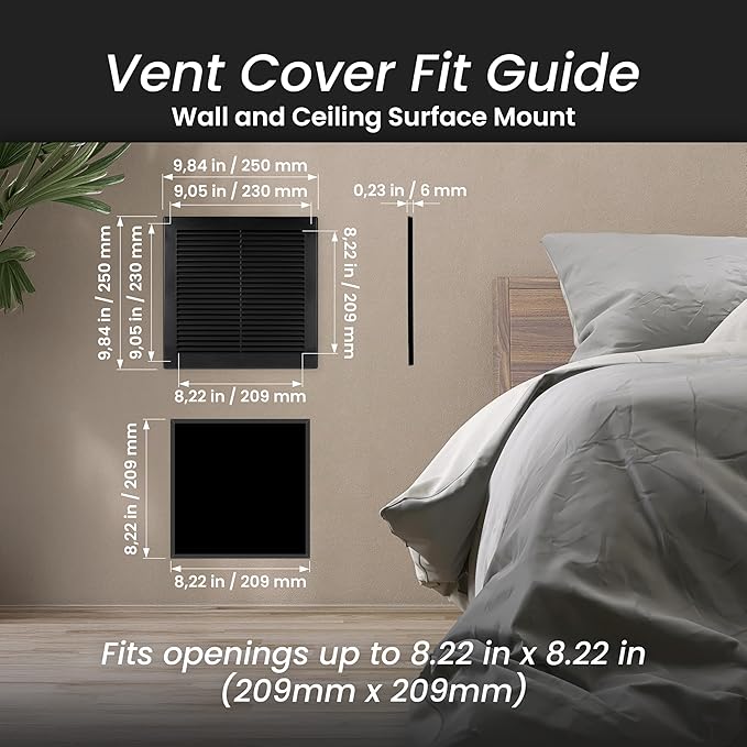 Repa Market 10 x 10 Inch (Outer) Black Square Air Vent Cover - Pack of 2 Plastic Fresh Air Intake Vent - AC Cover with Nylon Mesh Screen, Wall, Ceiling HVAC Return Air Register, Modern Soffit Vents