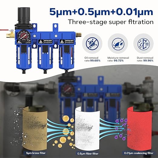 1/2" NPT Three Stage Air Drying System, 5 &0.5 &0.01 Micron Filter Cartridge,Semi-Auto Drain,Air Dryer System Air Compressor Filter Dryer, Metal Bracket-Blue