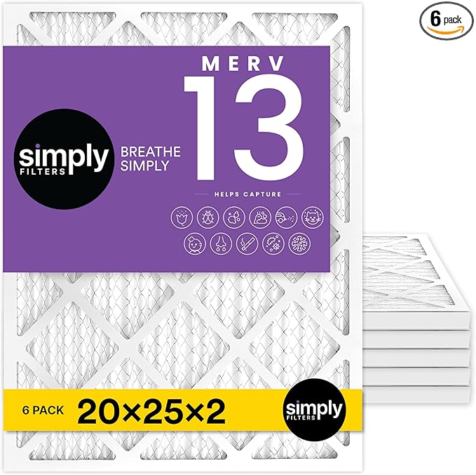 Simply 20x25x2 Air Filter, MERV 13, 6 Pack, Furnace Air Filter for HVAC (Actual Size: 19.5"x24.5"x1.75") DUST, Pet & Allergy Control