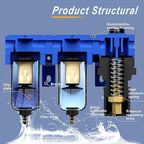 1/4" NPT Compressed air Dryer,Air Pressure Regulator Filter Combo,Air Compressor Filter Dryer,5 and 5 Micron Filter Cartridge,Semi-Auto Drain, Metal Bracket-Blue