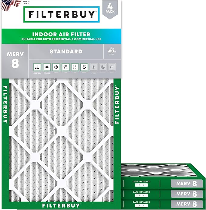 Filterbuy 15x30x1 Air Filter MERV 8 Essential Dust & Allergy Defense (4-Pack), Electrostatic Pleated HVAC AC Furnace Filters Replacement, Made in USA (Actual Size: 14.50 x 29.50 x 0.75)