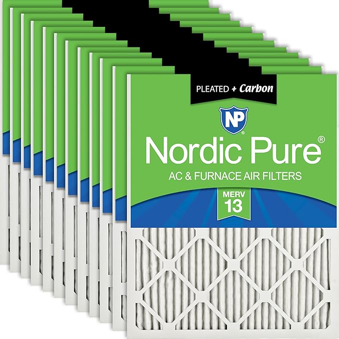 Nordic Pure 16x20x1 (Actual Size: 15 1/2 x 19 1/2 x 3/4) Pleated Air Filters MERV 13 Plus Carbon 12 Pack