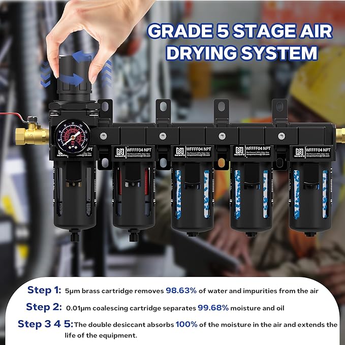 NEWPO 1/2" NPT 5 Stage Air Dryer for Compressor,Air Compressor Water Separator System with 5＆0.01 Micron Filter Cartridge & Triple Desiccant Dryer,Metal Bowl Semi-Auto Drain (Black)