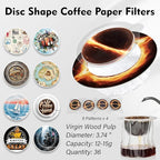 SUNYA Coffee Filters, 36-Pack Eco-Friendly Disc Shape Paper Filters for Manual Ground Coffee and Drip Coffee Makers, with Wide Rim for Cup Sizes 2-3.5inch. 9 Different Patterns (UFO A)
