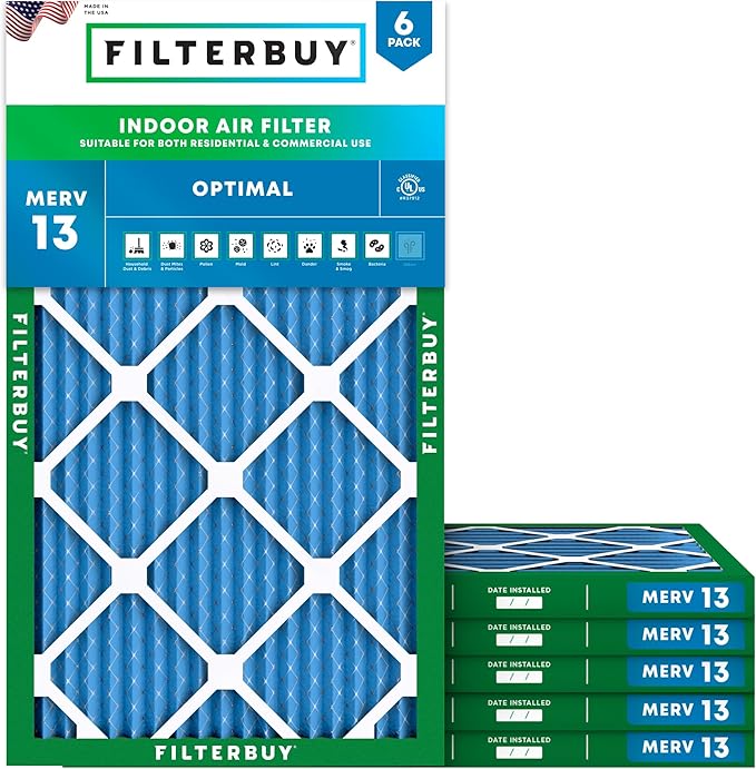 Filterbuy 15.5x23.5x1 Air Filter MERV 13 Optimal Smoke & Allergy Defense (6-Pack), Electrostatic Pleated HVAC AC Furnace Filters Replacement, Made in USA (Actual Size: 15.38 x 23.38 x 0.75)