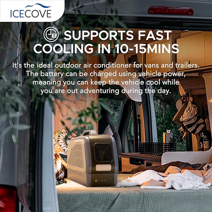 IceCove Portable Air Conditioner with Add-on Battery & Solar Panel, 2500BTU AC Unit, 250W Low Power Consumption, 25.5VDC, 2 Fan Speed, 3 Light Mode for Tent Camping RV Truck Van Life Home, Blue