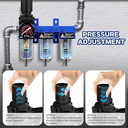 3 Stage Air Dryer 1/4" NPT,Air Dryer System Air Compressor Filter Dryer,Air Dryer for Compressor,5 &0.5 &0.01 Micron Filter Cartridge,Semi-Auto Drain, Metal Bracket-Blue