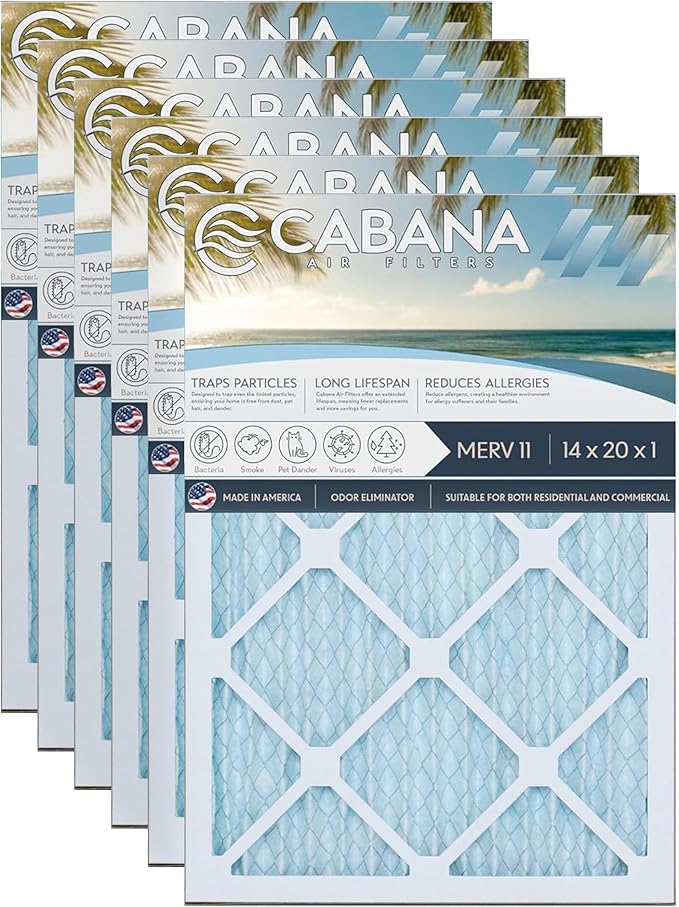 Cabana Filters 6-Pack 14x20x1 MERV 11 AC Furnace Air Filter for Home and Office - Indoor HVAC System Filtration Replacement, Captures Unwanted Particles
