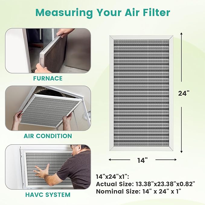 14x24x1 HVAC Furnace Air Filter, Washable Electrostatic Furnace Filter, MERV 8, Lasts a Lifetime, Breathe Fresher, Home And Office (Actual Size:13.38x23.38x0.82)