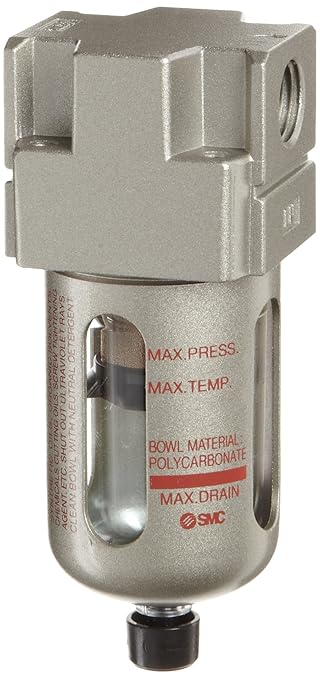 SMC AF20-N02-CZ Compressed Air Filter, Removes Particulate, Polycarbonate Bowl with Bowl Guard, Manual Drain, 5 Micron, 53 scfm, 1/4" NPT