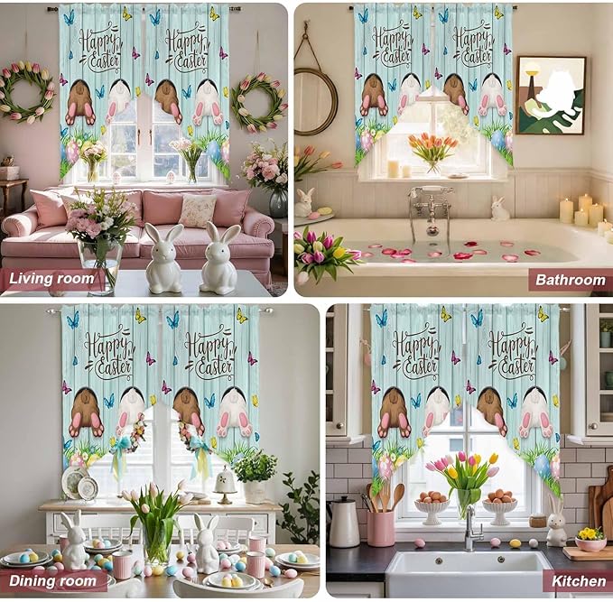 Swag Curtain Valances for Kitchen Windows,Happy Easter Bunny Butt Egg Floral Short Rod Pocket Window Valance,Spring Plant on Aqua Wood Swag Topper for Bedroom Living Room,2 Panels 36x63in