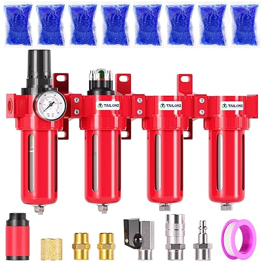 TAILONZ PNEUMATIC 0-150PSI 3/8 Inch NPT Red Industrial Grade 4 Stage Air Drying System, Particulate Filter, Coalescing Filter, Double Desiccant Dryer and Air Regulator (Manual Drainage)