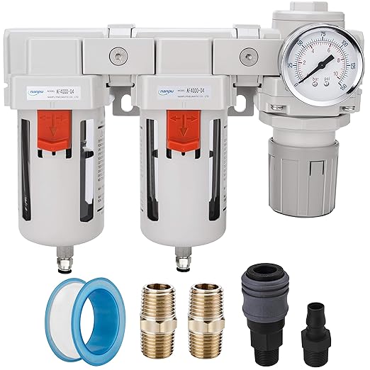 NANPU 3/8" NPT Air Drying System - 5 Micron Particulate Filter, 0.01 Micron Coalescing Filter, Air Pressure Regulator Combo - Semi-Auto Drain, Poly Bowl w/Metal Gauge