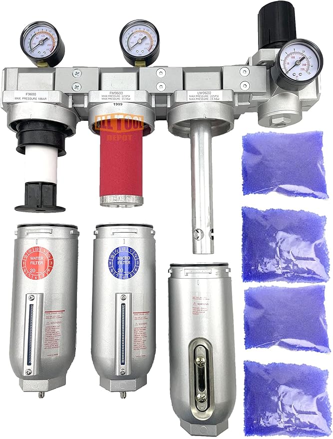 3/4" NPT SUPER DUTY Industrial Grade 4 Stages Filter Coalescing Desiccant Dryer Regulator System For Compressed Air Lines, Metal Bowls, Great For Paint Spray And Plasma Cutter (MANUAL DRAIN)