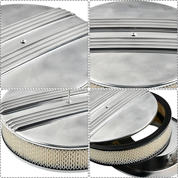 14 x 3 Inch Round Polished Air Cleaner Kit Half Finned Drop Base Compatible with Chevy Ford GM
