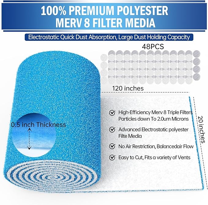UBeesize Air Vent Filters, 20" x 120" Cut to Size Air Filter Material (80+ Filters), MERV 8 Triple Vent Filter Kit for Home Floor, Grilles, Ceiling, HVAC Furnace Vents, With 48PCs Adhesive Hook Tape