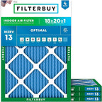 Filterbuy 18x20x1 Air Filter MERV 13 Optimal Smoke & Allergy Defense (4-Pack), Electrostatic Pleated HVAC AC Furnace Filters Replacement, Made in USA (Actual Size: 17.50 x 19.50 x 0.75)
