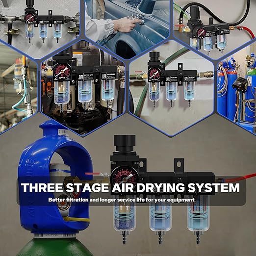 NEWPO 1/4" NPT Air Drying System,Air Filter Pressure Regulator for Spray Guns and Pnuematic Tools, Air Dryer for Compressor, 5＆0.5&0.01 Micron Filter Cartridge,Semi-Auto Drain (Black)