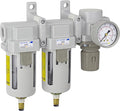 PneumaticPlus SAU450-N04DG Three Stage Air Drying System 0.1 Micron Coalescing Air Filter, 0.01 Micron Coalescing Air Filter, Air Pressure Regulator 1/2" NPT - Poly Bowl, Auto Drain, Bracket, Gauge