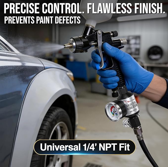 LE LEMATEC Spray Gun Regulator with Gauge & Water Separator - 1/4" NPT Inline Air Compressor Filter & Dryer - Precision Air Flow Control Valve for Paint Guns & Pneumatic Tools (150 PSI)