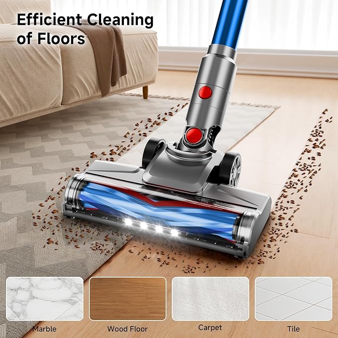 Cordless Vacuum Cleaner for Home, Powerful Stick Vacuum Cleaner with Rechargeable Battery, 6 in 1 Lightweight Handheld Vacuum, 45 Mins Runtime Cordless Vacuum for Hardfloor Carpets Pet Hair (Blue)