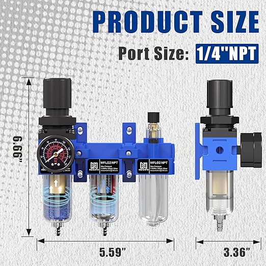NEWPO 1/4" NPT Compressed Air Filter Regulator Lubricator Combo, Water/Oil Trap Separator,Brass Filter & Coalescing Filter,Semi-Auto Drain,Metal Bracket-Blue