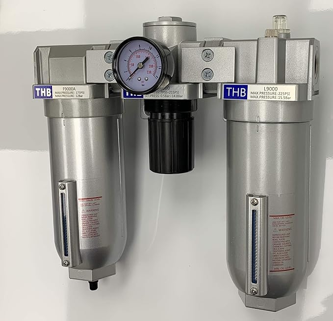 HEAVY DUTY INDUSTRIAL RATED 3 STAGE COMBINATION FILTER REGULATOR LUBRICATOR AIR LINE PARTICULATE FILTER MOISTURE TRAP LUBRICATOR OILER REGULATOR CLEAN AIR TOOLS (3/4" NPT, 11oz BOWL)