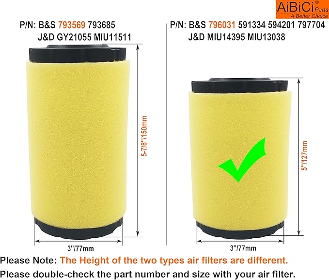 796031 Air Filter fits for Briggs Stratton 591334 594201 Husqvarna YTH22V46 John Deere D100 Pro Performance for Lawn Tractor with 797704 Foam Pre Cleaner, pack of 2