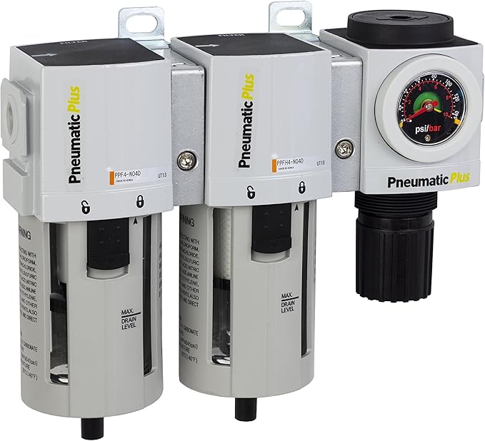 PneumaticPlus PPC4C-N04G StageAir Drying System- Air Particulate 5 Micron Filter, 0.3 Micron Coalescing Filter & Air Pressure Regulator Combo 1/2" NPT,Poly Bowl-Guard, Manual Drain,Embedded Gauge