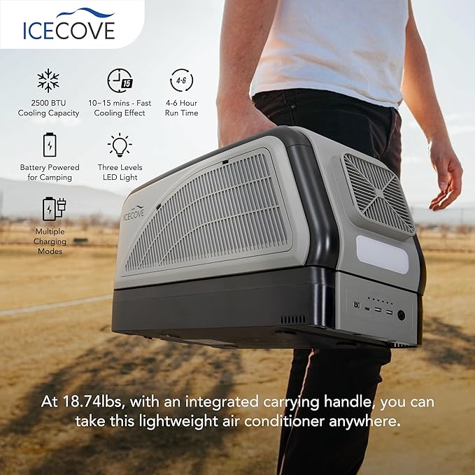 Sunjoy Portable Air Conditioner with Add-on Battery & Solar Panel, 2500BTU AC Unit, 250W Low Power Consumption, 25.5VDC, 2 Fan Speed, 3 Light Mode for Tent Camping RV Truck Van Life Home, Gray