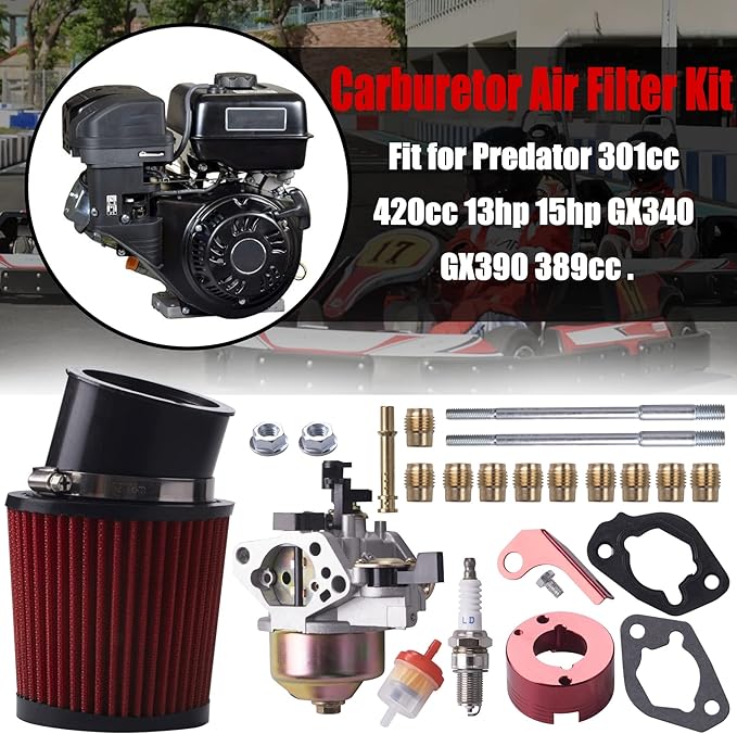Upgrade Carburetor Air Filter Adapter Pipe Jet Stage 2 Kit for Predator 301cc 420cc 13hp 15hp GX340 GX390 389cc Mini Bike Parts(Red)