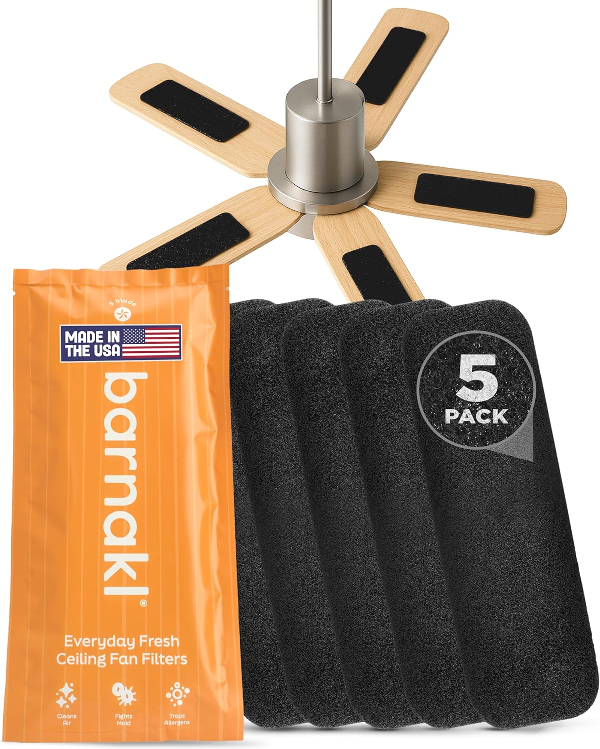 Ceiling Fan Air Purifier Pads, Activated Coconut Shell Carbon Fan Filters Trap Dust, Odors & Allergens, Easy-Stick Universal Fit for Ceiling Fan Blades, Odorless & Unscented - (5 Count)