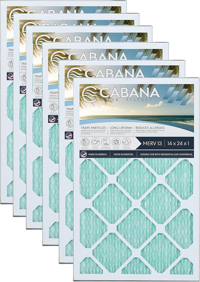 Cabana Filters 6-Pack 14x24x1 MERV 13 AC Furnace Air Filter for Home and Office - Indoor HVAC System Filtration Replacement, Captures Unwanted Particles