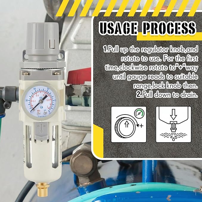 Tuanse Manual Drain 1/2" NPT Compressed Air Filter Regulator, Piggyback Combo, Fiber Element, Poly Bowl, Metal Bracket & Fittings, 0-150 Psi Gauge for Garage Use