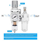 NANPU 1/4" NPT Compressed Air Filter Regulator Lubricator Combo Water/Oil Trap Separator - Gauge(0-150 psi), Poly Bowl, Semi-Auto Drain, Bracket - 3 in 1 Two Unit