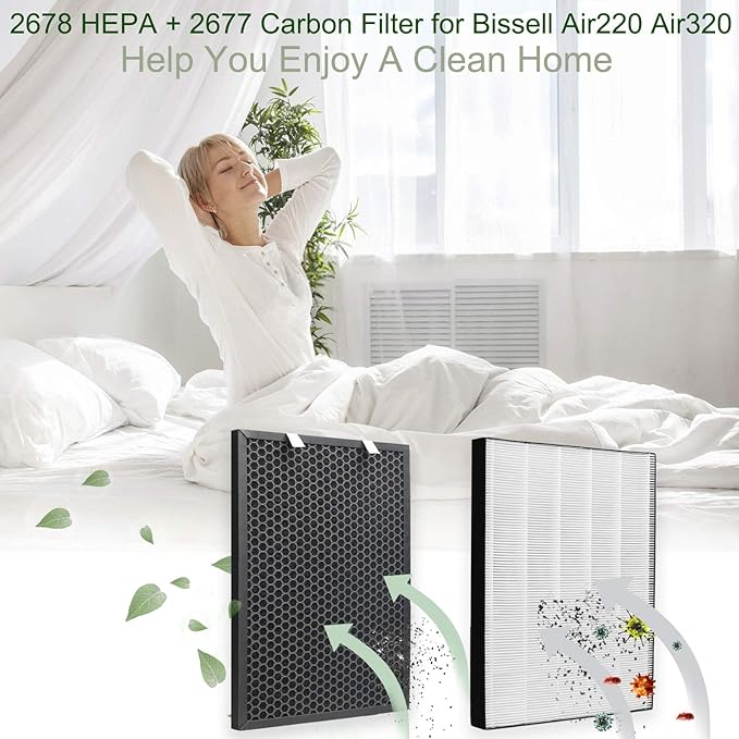 FFsign 2678 Replacement High Efficiency HEPA Filter + 2677 Actived Carbon Filter for Bissell Air220 Air320, 1 True HEPA Pre-Filter & 1 Carbon Filter