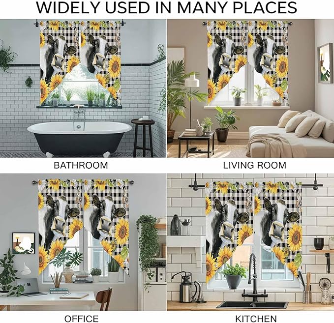 Retro Sunflowers Swag Valances for Windows, Farmhouse Floral Cow Butterfly Black Plaid Rod Pocket Kitchen Curtains Valance, Kitchen Window Curtains Swag for Cafe Living Room, 2 Panels, 36x45 inch