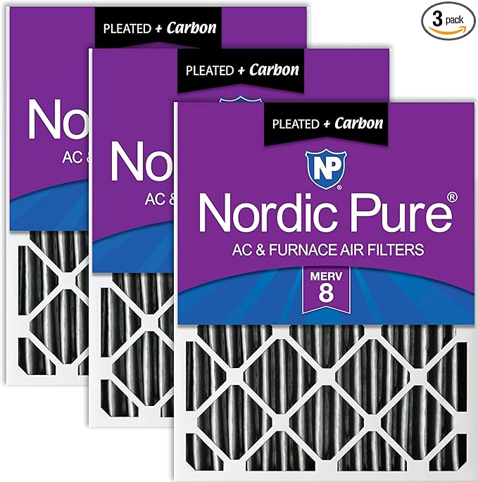 Nordic Pure 20x20x2 (19 1/2 x 19 1/2 x 1 3/4) Furnace Air Filters MERV 8 Pleated Plus Carbon 3 Pack