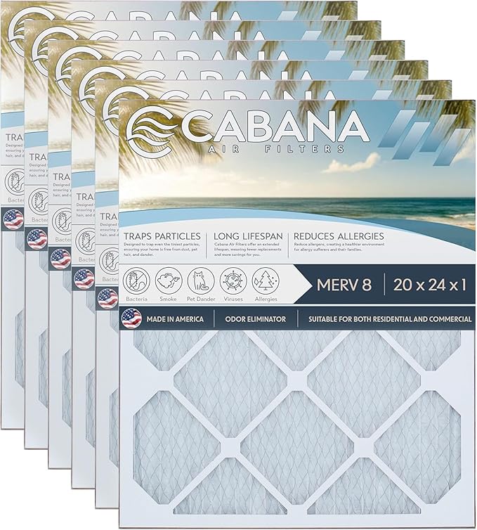 Cabana Filters 6-Pack 20x24x1 MERV 8 AC Furnace Air Filter for Home and Office - Indoor HVAC System Filtration Replacement, Captures Unwanted Particles
