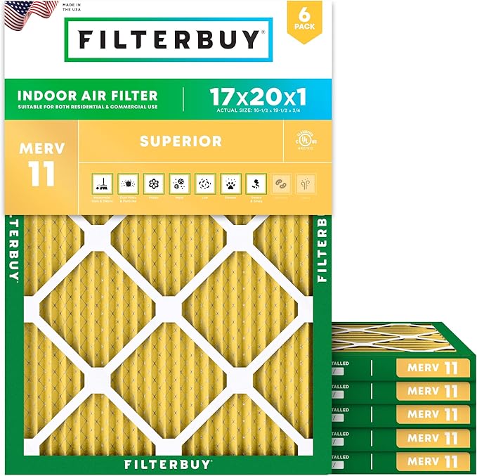 Filterbuy 17x20x1 Air Filter MERV 11 Superior Pet & Allergy Defense (6-Pack), Electrostatic Pleated HVAC AC Furnace Filters Replacement, Made in USA (Actual Size: 16.50 x 19.50 x 0.75)