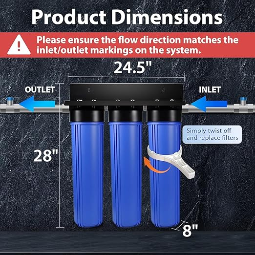 iSpring WGB32B-KS+AHPF12MNPT16X2 3-Stage Whole House Water Filter, Reduces Heavy Metals, Hydrogen Sulfide, Chlorine, Chloramine, Sediments w/ 3/4'' Push-Fit Braided Stainless Steel Hose Connectors