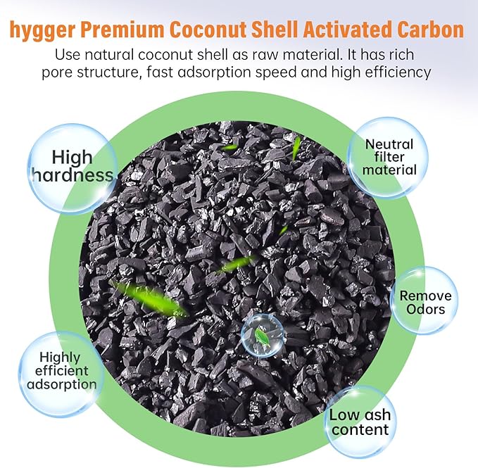 hygger Aquarium Activated Carbon, Premium Natural Coconut Shell Activated Charcoal for Freshwater and Saltwater, Fish Tank Filter Media, Water Purification Carbon (10.5 oz with Fine Mesh Bag)