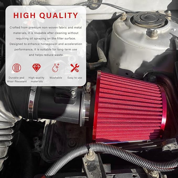Sun Walker Clamp-on Air Intake Filter, 3/3.5/4 Inch High Flow Round Tapered Air Filter for Enhanced Engine Power, Washable & Reusable Cone Filters Replacement for Car Truck Motorcycle (Red)