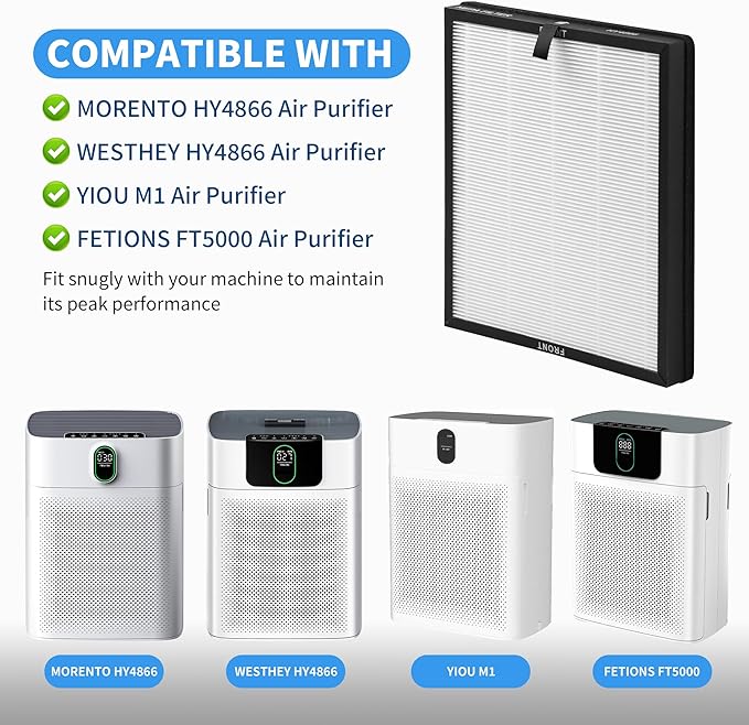 6 Packs HY4866 Replacement Filters Compatible with MORENTO HY4866, WESTHEY HY4866, YIOU M1 and FETIONS FT5000 Air Cleaner Purifiers, 2-in-1 Activated Carbon Filter