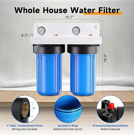 PUREPLUS 2-Stage Whole House Water Filtration System, 10" Universal Home Filtration, with Sediment &Iron Reduce, Carbon Filter, Reduce Iron, Chlorine, Taste, Includes Pressure Gauges, 1" Inlet/Outlet