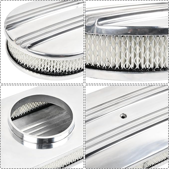 15" Polished Aluminum Air Cleaner Assembly Kit Alloy Oval Partial Half Finned with Element