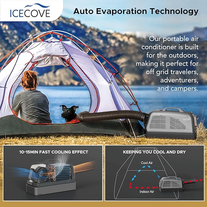 Sunjoy Portable Air Conditioner with Add-on Battery & Solar Panel, 2500BTU AC Unit, 250W Low Power Consumption, 25.5VDC, 2 Fan Speed, 3 Light Mode for Tent Camping RV Truck Van Life Home, Gray