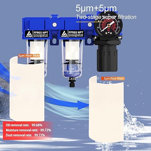 3/8" NPT Air Dryer System,Air Compressor Filter Dryer,5 and 5 Micron Filter Cartridge,Semi-Auto Drain, Metal Bracket-Blue