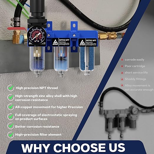 1/4 Inch NPT Three Stage Air Drying System,air Pressure Regulator with 5＆0.01 Micron Filter Cartridge，Desiccant Dryer & Air Regulator, Metal Bowl Manual Drainage-Blue