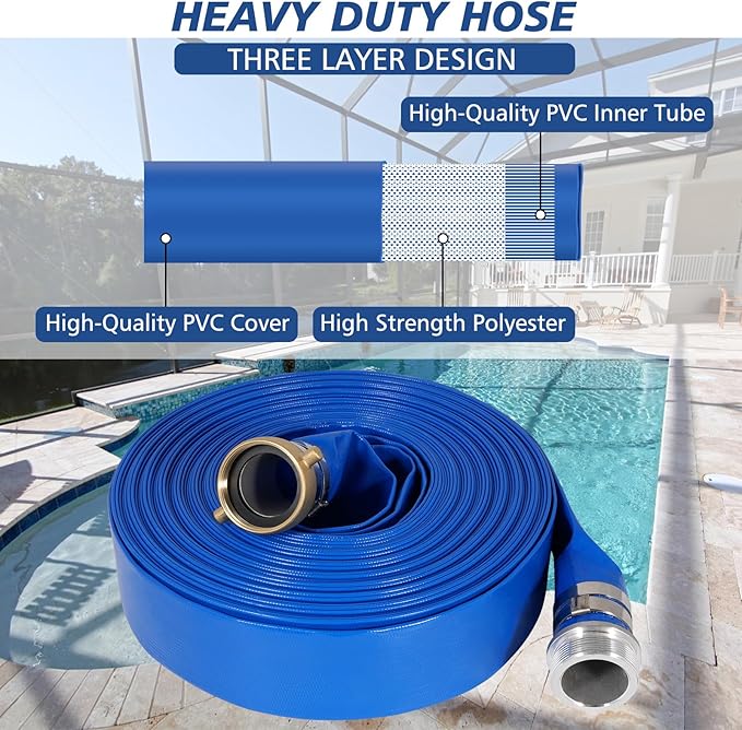 1" x 100 ft Backwash Hose for Swimming Pools, Heavy Duty PVC Lay Flat Water Discharge Hose,Durable Pool Drain Hose with Aluminum Pin Lug Fittings for Pump And Filters